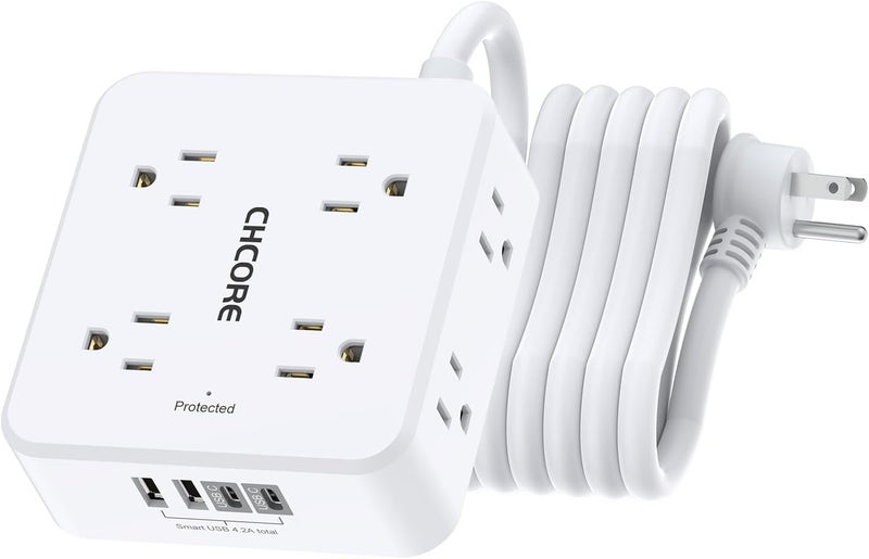 Core 10Ft Surge Protector Power Strip - Flat Plug Extension Cord with 8 Outlets and 4 USB Ports(2 USB C), 3 Side Wall Mount Outlet Extender for Home Dorm Room Essentials, ETL Listed, White - Image 1